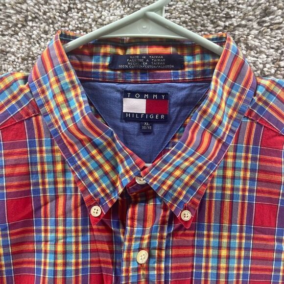 Vintage Tommy Hilfiger Shirt Adult Extra Large Red Yellow Plaid Button Up 90s - Picture 2 of 11